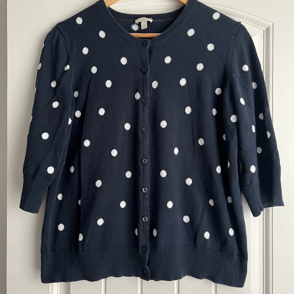 Talbots Navy and White Polka Dot Cardigan